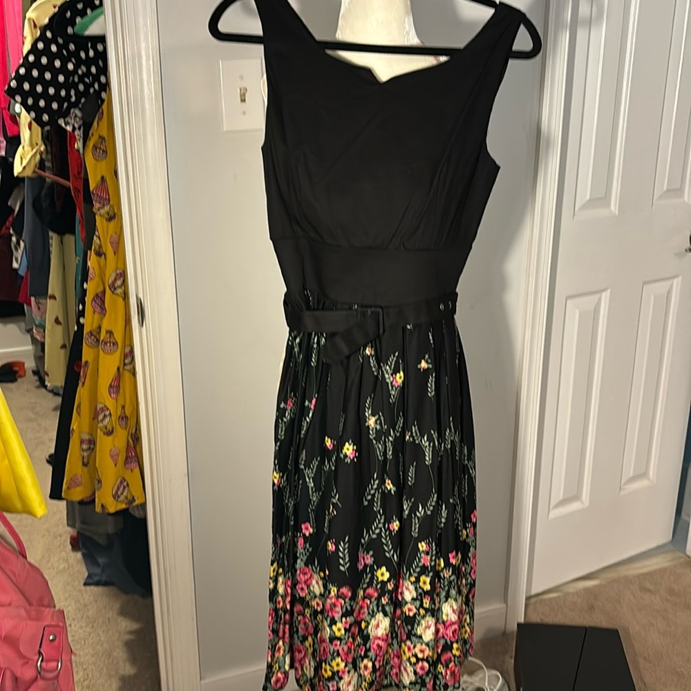 SUPER CLASSY Lindy Bop Blue Floral Fit Flare Dress Sleeveless